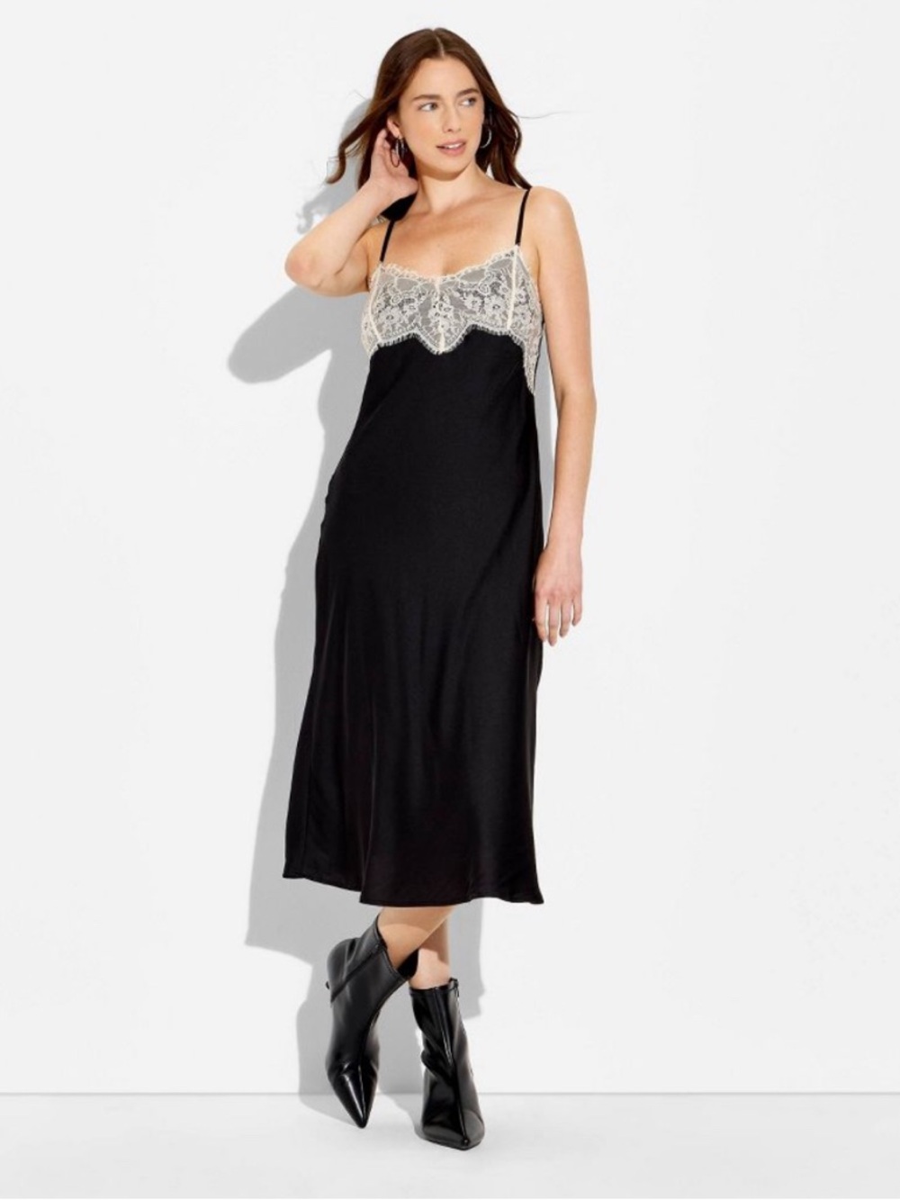 Vintage style Lace-Trim Satin Slip Dress in Black and Cream size XS-XL